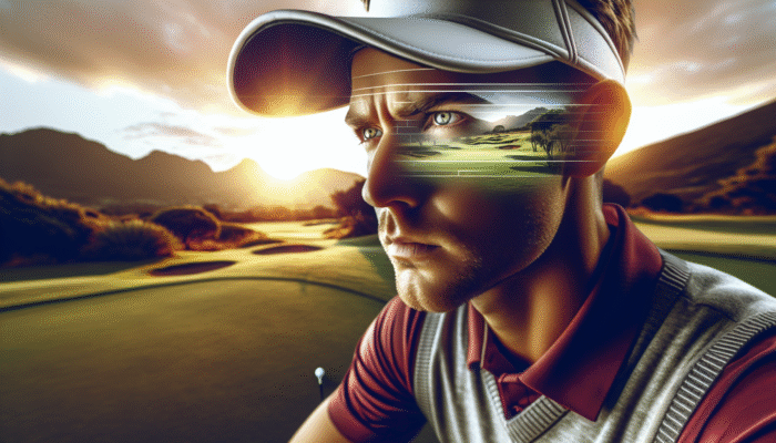 A South African golfer at sunrise, visualising the course and employing deep breathing techniques to transform anxiety into confidence.