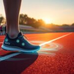 Close-up of a person wearing the black Xero XB+ SmartShoe, featuring digital elements on a track. The shoe displays glowing icons and the brand name "Xero." In the background, a group runs, with a digital clock showing 14:06—ideal for sensor-driven running form optimisation unveiled at CES 2025.