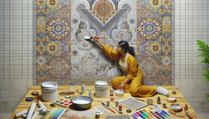 A person applying tile sealer with a brush on intricate mosaic tiles in a well-lit workspace.