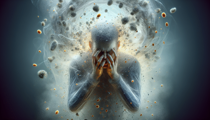 Person with irritated scalp and hair fall amidst floating pollen, showing allergy impact on hair health.