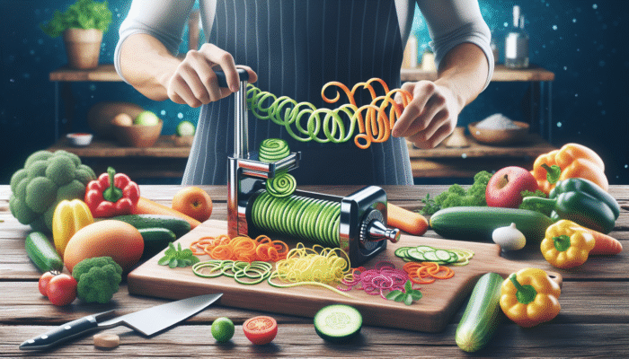 Fresh vegetables on a wooden board, chef using a spiralizer to create colorful spirals for healthy cooking.