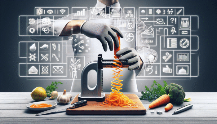 Person using a spiralizer with a cut-resistant glove and vegetable holder, safely twisting a carrot into spirals on a stable countertop.
