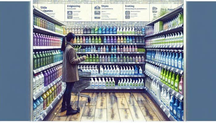 Person selecting eco-friendly, pH-neutral tile cleaners in a well-organised Stirling store.