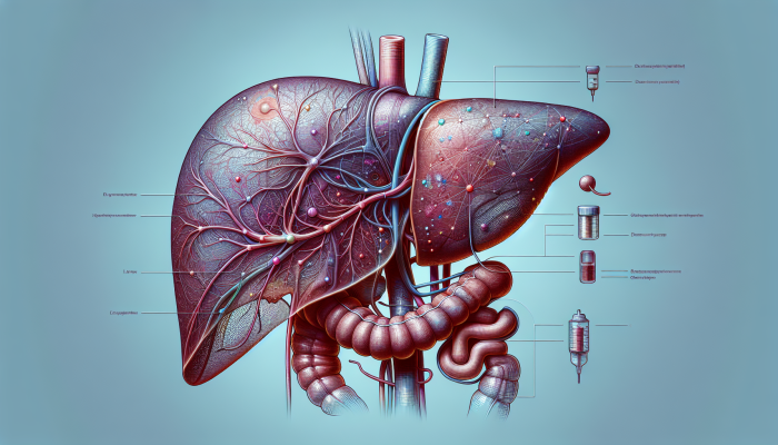 A medical illustration of a liver showing damage from hepatitis and cirrhosis, with diagnostic tools and charts.