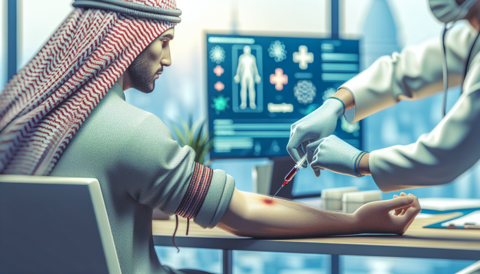 A patient undergoing a quick liver blood test in a serene medical setting, monitoring the healing puncture site.
