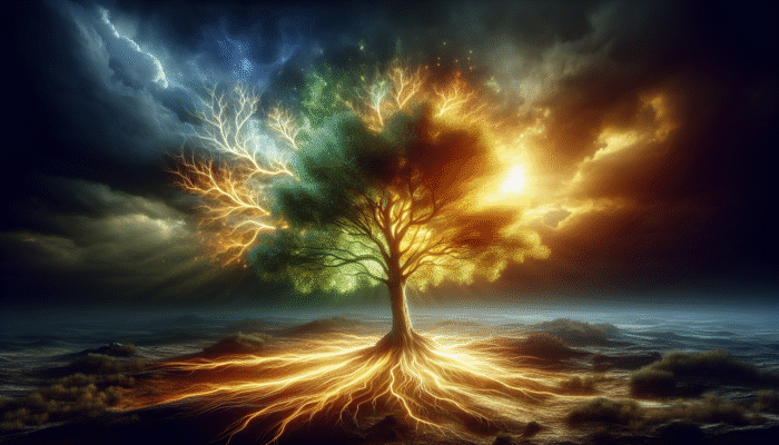 A vibrant tree with strong roots standing firm in a storm, leaves glowing in green and gold.