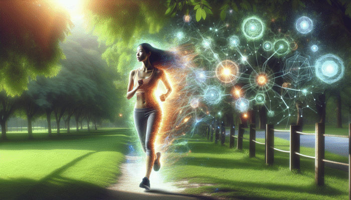 A person jogging in a vibrant park with glowing endorphins, symbolising enhanced mental resilience.