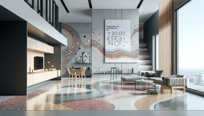 Modern interior showcasing vibrant, swirling terrazzo flooring in a sleek, contemporary apartment.