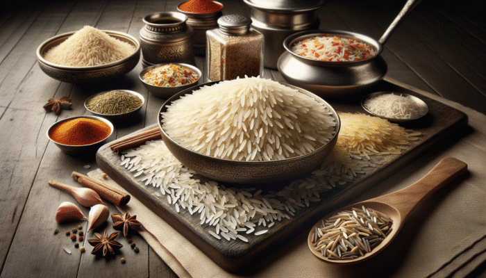 Aromatic basmati and seeraga samba rice accompanied by spices and biryani utensils, showcasing texture and fragrance.