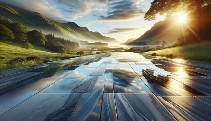 The Significance of Waterproofing Stone Floors in Inverclyde: A stunning landscape showcasing a luxurious waterproofed stone floor reflecting its vibrant environment, illustrating durability and protection.