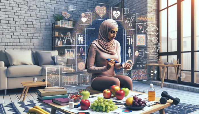A person checking blood glucose at home, with medical charts and healthy lifestyle items, symbolising proactive diabetes management.