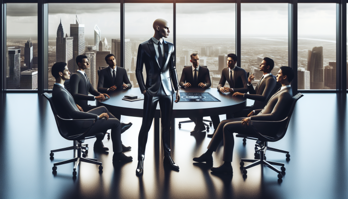 Person in suit negotiating with creditors at a round table in modern office with city view.