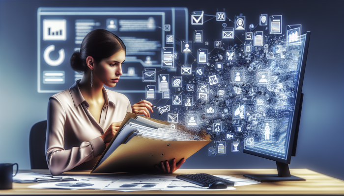 A person organising a labeled folder with documents at a desk, reviewing digital files on a computer.