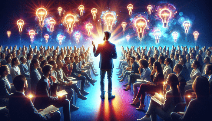 A speaker engaging a diverse audience on a vibrant stage with floating light bulbs symbolising innovation.