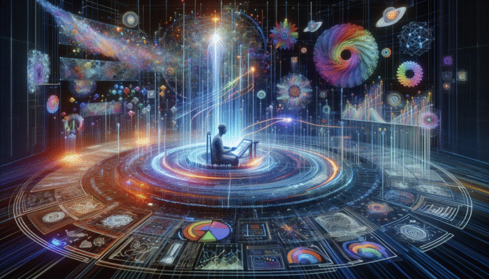 A thought leader customising content on a digital interface, surrounded by audience feedback and data visualisations, with tailored articles and graphics emerging.
