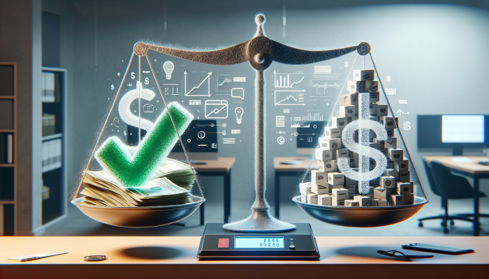 Debt Consolidation Loan Income Requirements: A Comprehensive Guide | DCL Visual representation of a scale balancing bills and a paycheck, indicating financial stability, in a professional office environment.