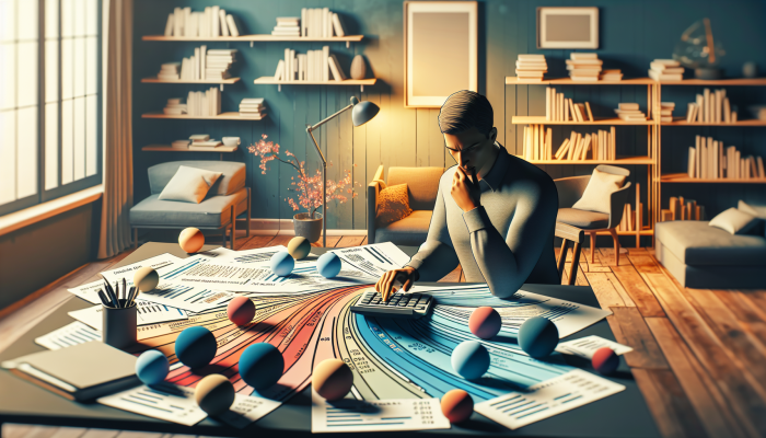 Debt Consolidation Loan Income Requirements: A Comprehensive Guide | DCL Individual calculating debt-to-income ratio in a comfortable home office, surrounded by financial documents and analytical graphs.
