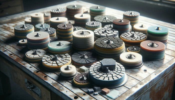 A selection of polishing pads displayed on a workbench for stone floors, showcasing both diamond and resin types.