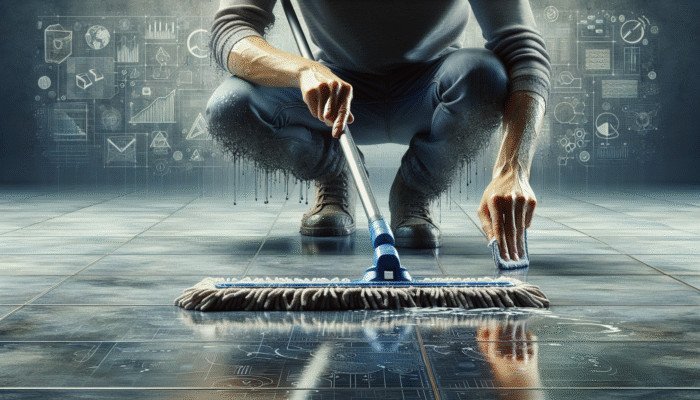 Individual cleaning stone floor with a pH-neutral cleaner and mop, effectively removing dust and grime in preparation for polishing.