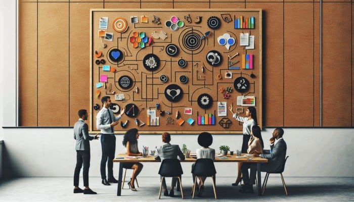 A creative workspace featuring a planning board and team members discussing video content strategies.