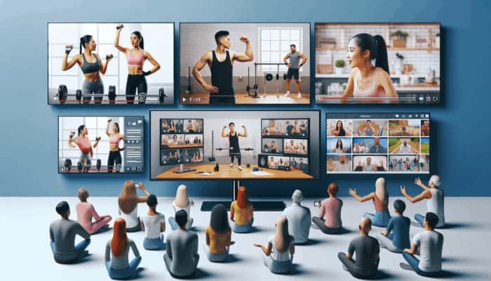 Fitness tutorials, expert interviews, and behind-the-scenes vlogs on screens, engaging a diverse audience.
