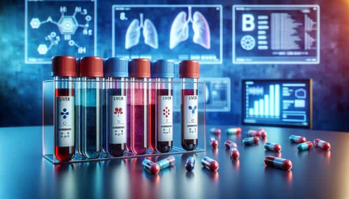 Illustration of a liver blood test with labeled vials for enzymes, proteins, and bilirubin in a modern Dinnington lab.