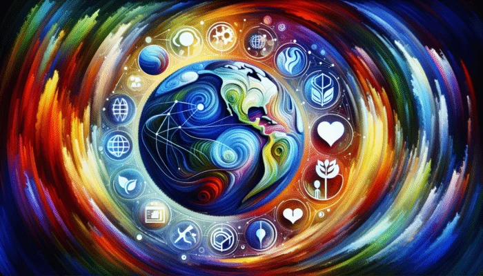 A vibrant digital artwork featuring a globe surrounded by diverse trending topics interconnected by universal strategies, presented in a modern, abstract style.