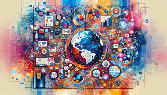 A vibrant collage of social media icons, graphs, and global symbols on a colourful background, illustrating universal strategies for trending topics.