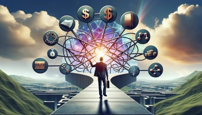 Key Terms in Debt Consolidation: A Beginner's Guide | DCL A person confidently navigating a clear path through a complex financial landscape with labelled signposts under a bright sky.