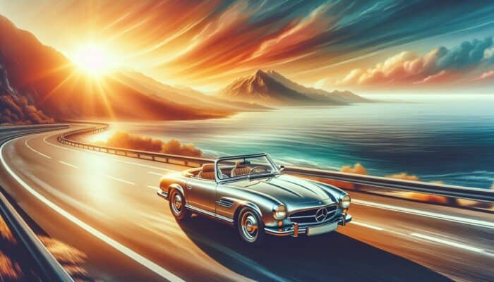 A convertible car on a scenic coastal highway at sunset, symbolising travel freedom and spontaneity.