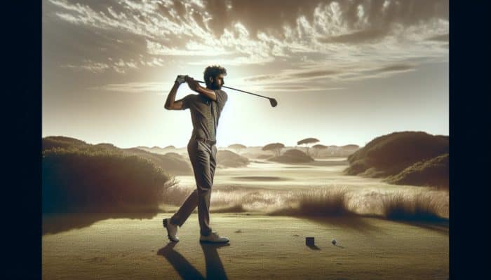 Golfer swinging on South African course during mid-morning with optimal lighting and plain background.
