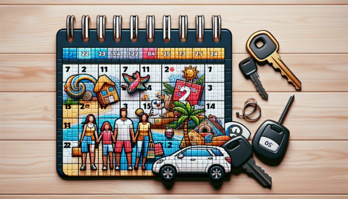 A calendar with highlighted holiday dates and discount symbols, surrounded by car keys, travel brochures, and a family planning a vacation.