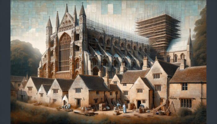 Detailed view of Westminster Abbey and Cotswold cottages, showcasing textured limestone facades and restorers at work.
