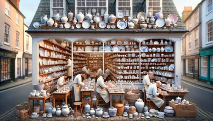 A welcoming East Calder porcelain repair shop with artisans restoring ceramics, offering personalised consultations.