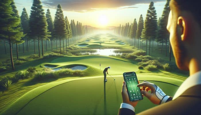 Golfer utilising a smartphone app on a tranquil sunset golf course to assess swing data.