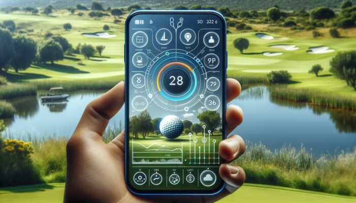 A sleek golf app interface on a smartphone featuring clear graphics and touch controls, set against a South African golf course backdrop.