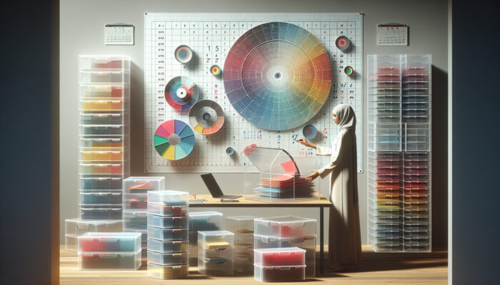 A person organising colorful files at a minimalist workspace with labeled storage boxes and a detailed calendar.