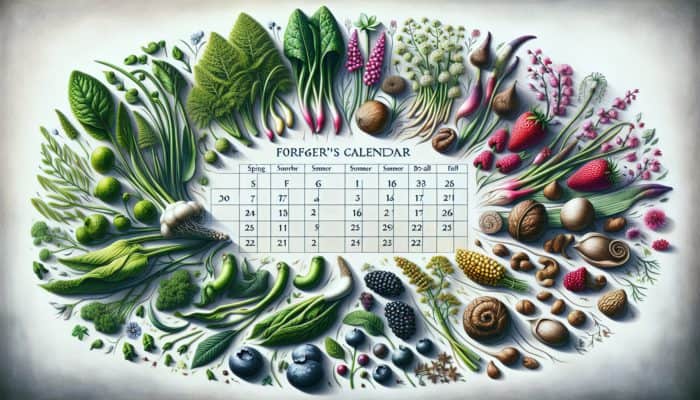 A vibrant forager's calendar showcasing seasonal edible plants: spring greens, summer berries, autumn nuts.