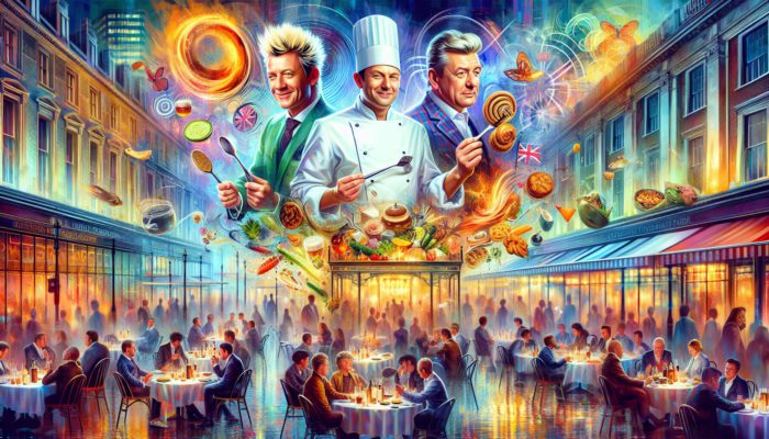 Celebrated chefs Gordon Ramsay, Wolfgang Puck, and Guy Fieri in the dynamic culinary atmosphere of Las Vegas.