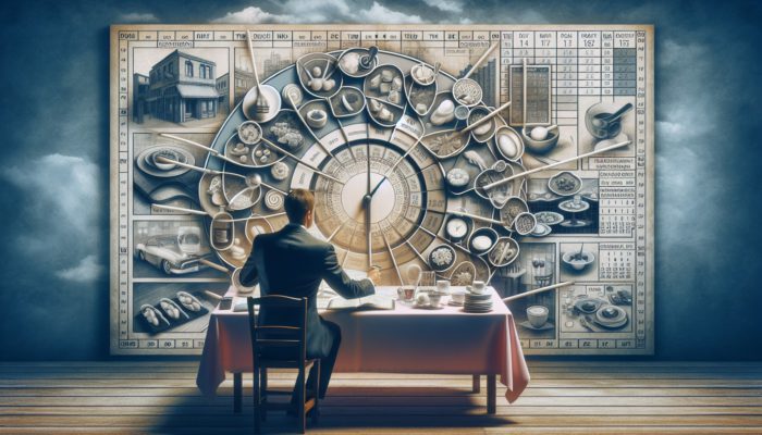 Individual strategically scheduling restaurant reservations using a calendar and clock amidst diverse culinary settings.
