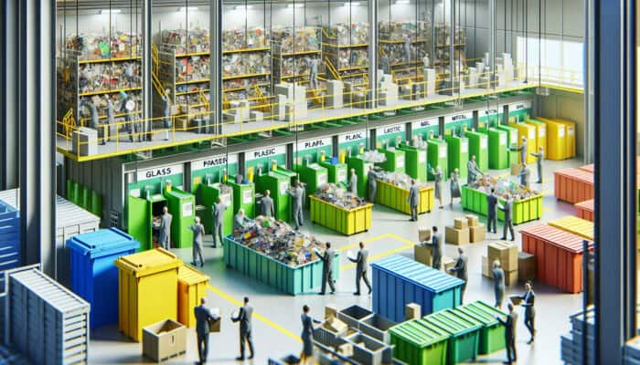 A well-organised recycling facility showcasing waste sorting with clearly labelled bins for glass, paper, plastic, and metal, along with individuals sorting items.