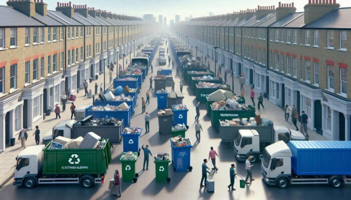 A variety of specialised recycling bins and trucks on a UK street, with individuals sorting through electronics, mattresses, and furniture.