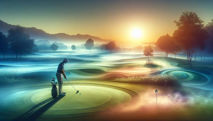 A focused golfer at dawn on a tranquil course, practicing visualization amidst gentle mist and sunrise colours.