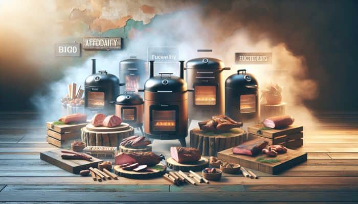 A selection of affordable smokers displayed on a rustic table alongside meats and smoking woods, warmly illuminated.