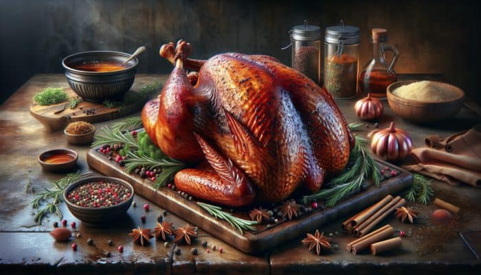 A succulent smoked turkey adorned with herbs and spices, glistening with moisture, displayed in a rustic kitchen setting.