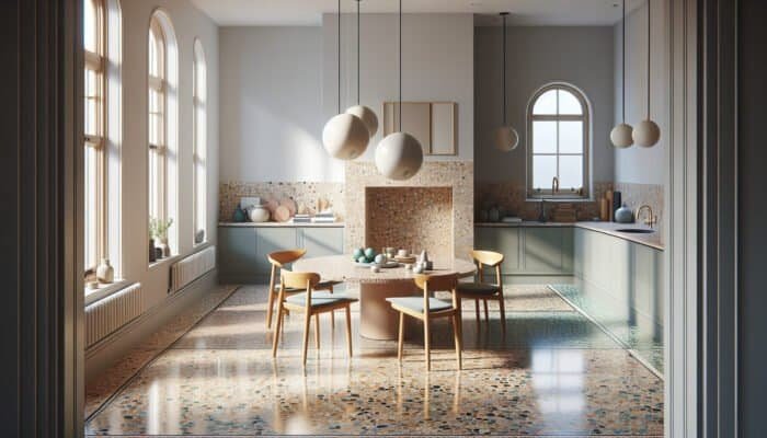 An array of terrazzo flooring styles in a UK home, showcasing both traditional and modern eco-friendly designs.