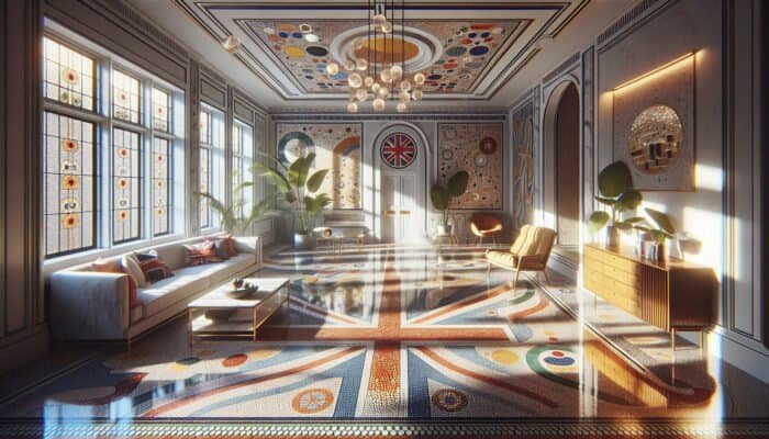 Shining terrazzo floors in a UK home, enhanced by wax, reflecting light and showcasing intricate patterns.