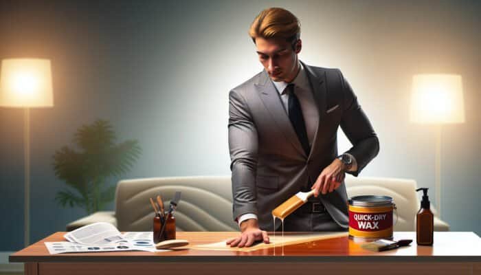 Individual applying wax to wood at home, using minimal tools, quick-dry, showing ease for busy homeowners.