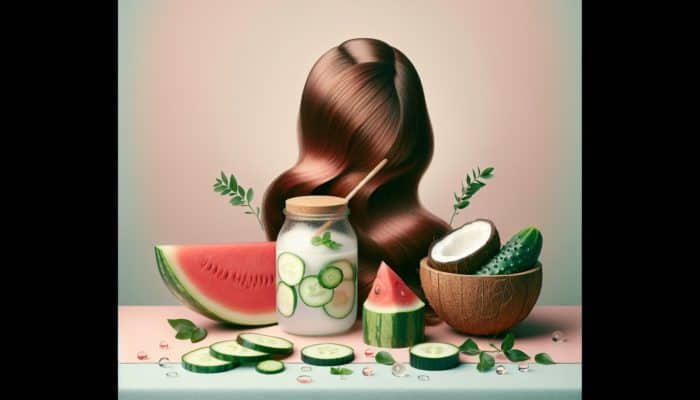 A still life composition featuring watermelon, cucumber, and coconut water alongside healthy hair on a pastel backdrop.