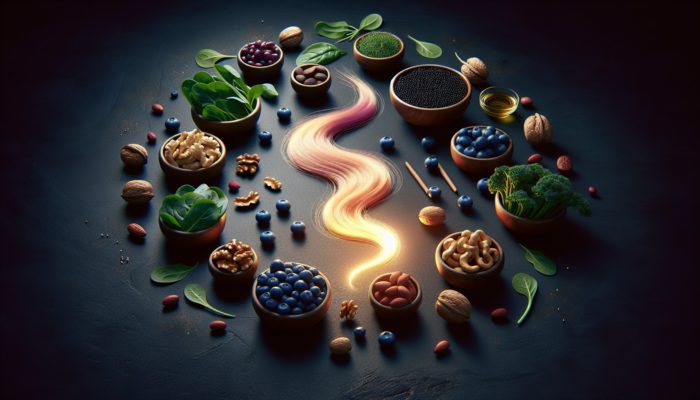 A still life featuring blueberries, nuts, and leafy greens like spinach and kale surrounding a glowing strand of hair, symbolising hair vitality.